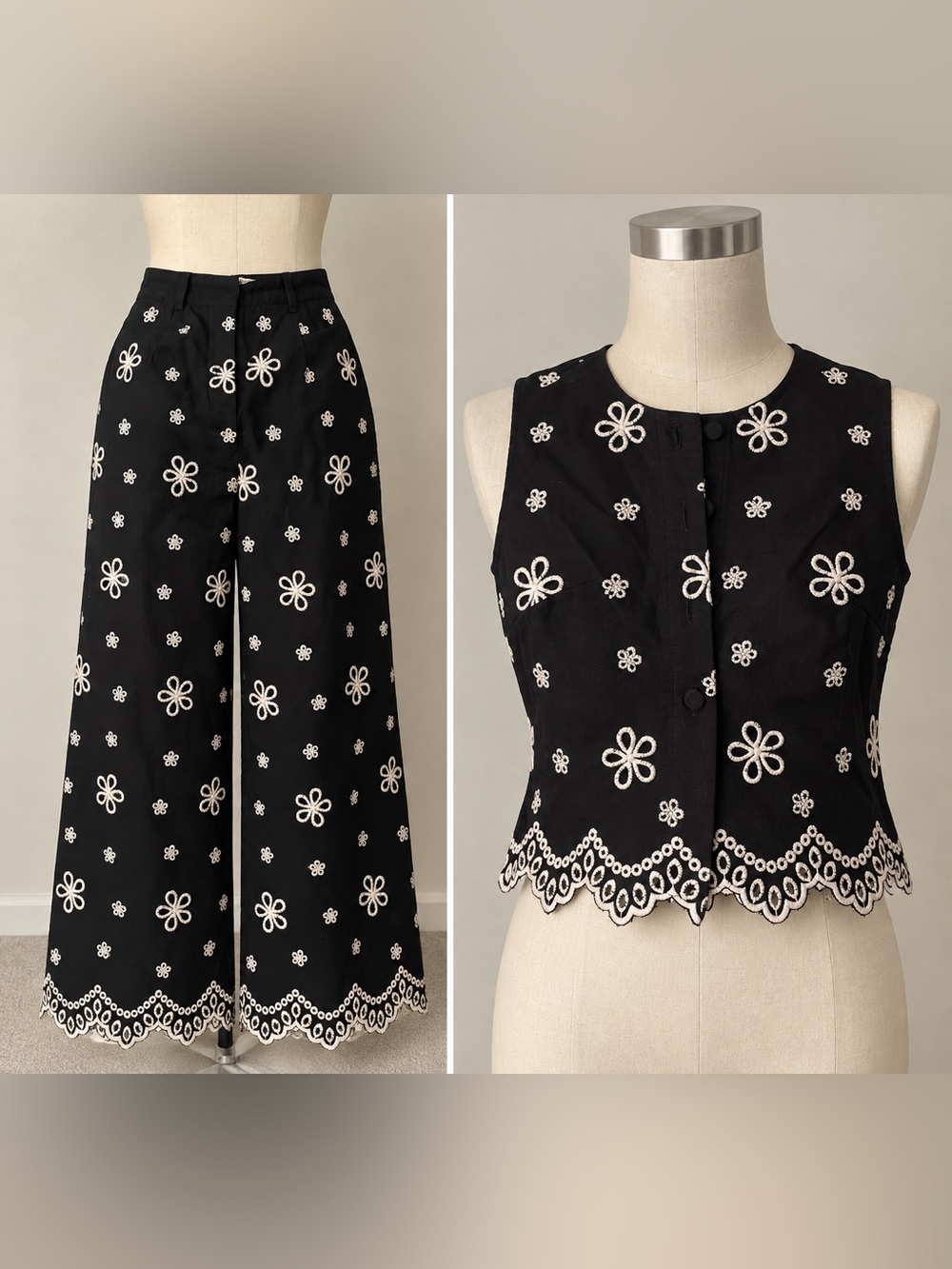 Commense Black Embroidered Wide-Leg Pants with Matching Vest